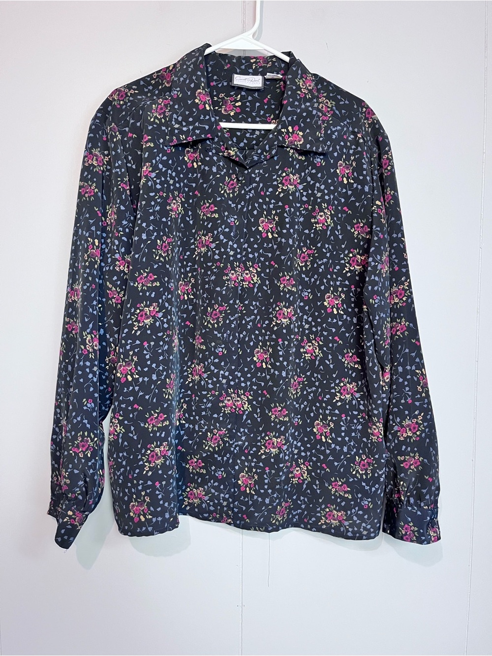 Carol Reed Collections Floral Blouse Button Front Navy XL